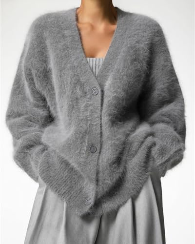 Image of Womens Fuzzy Sweaters Cardigan V-Neck Button Down Oversized Mohair Sweater Casual Y2k 2026 Fall Winter
