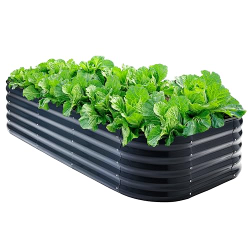 HEAHOLD Galvanized Steel Raised Garden Bed 8x2ft Oval - 17" Tall 9-in-1 Modular Metal Planter Box for Vegetables/Flowers, Rust-Proof Outdoor Planters with Rubber Edge (Grey)