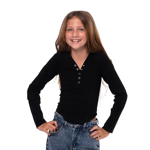 Girls Long Sleeve Ribbed Crop Seamless Top with Snap Front – Long Sleeve Shirts for Girls One Size Girls 8-14 - Main Image