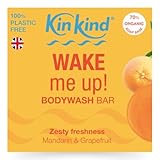 KinKind WAKE me up! BodyWash bar. Zesty freshness with foaming Mandarin and Grapefruit fragrance. Up to 30 washes, plastic & paraben free. Vegan. UK hand-made.