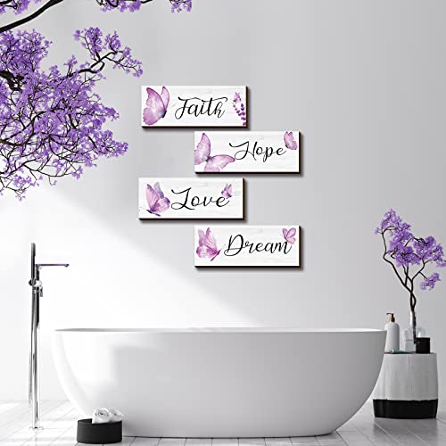 4 Pcs Valentines Faith Hope Love Dream Wall Decor Elegant Spring Butterfly Wooden Hanging Decoration Art Butterfly Room Wall Rustic Living Room Accessories for Bedroom Decor(10 x 4 x 0.2 Inch,Purple)