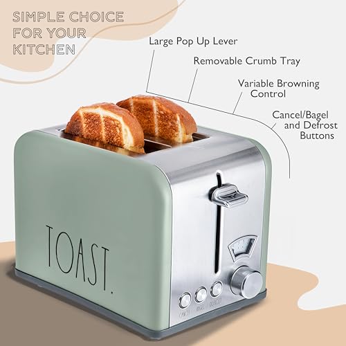 Rae Dunn Toaster, Stainless Steel 2 Slice Square Toaster, Wide Slot with 5 Browning Levels, with Bagel, Defrost and Cancel Options (Sage) by Rae Dunn - Used condition - Image 3