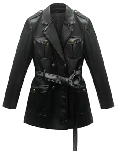 Manteau en cuir femme à double boutonnage avec ceinture chic
