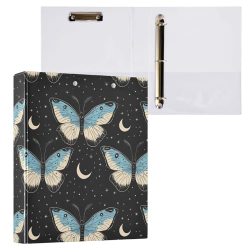 Blue Moth with Stars Moon 3 Ring Binder 1.5" Decorative D-Ring Binder with Clipboard&3 Clear Pockets, Holds 200 Sheets A4 Size Paper Waterproof Binders for School Home Office