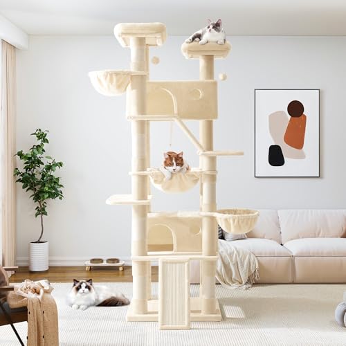 Image of Allewie 81 Inches Tall Cat Tree /Multi-Level Large Climbing Tree House and Towers for Big Feline /Condo and Hammock /Scratching Post /Wide Base /Beige