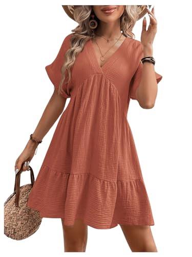 SOLY HUX Women's V Neck Short Sleeve Ruffle Hem Dress Loose Short Smock Dresses Plain Redwood Medium