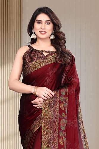 Image of SUPERLAXMI Women's Chiffon Floral Printed Saree with Blouse Piece