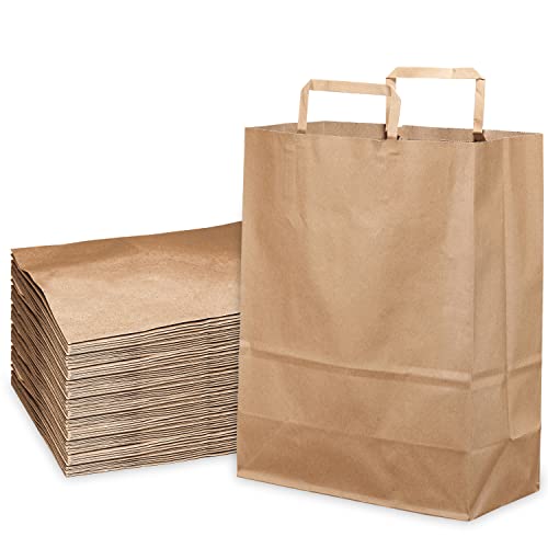 Large Kraft Paper Gift Bags with Paper Handles 13x7x17 inches - Brown Shopping Bags, Retail, Tote, Reusable, Party, Grocery Bags, Take Out, Delivery, Eco Friendly, Recyclable, Multiple Uses, Bulk (100)