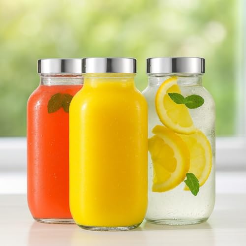 Image of Glass Water Bottle 1000ml Pack of 3, Borosilicate Square Glass Bottle with Stainless Steel Leakproof Lid, BPA Free Reusable Wide Mouth Glass Juice Bottle for Water, Smoothies, Gym & Kitchen