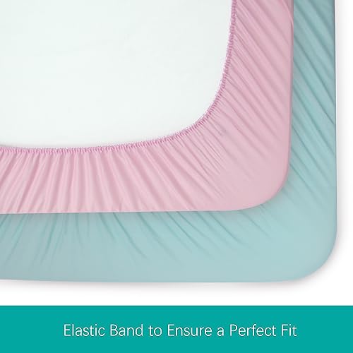 Biloban Pack and Play Sheets Fitted, 2 Pack Pack and Play Sheet Fits for Graco Pack n Play Mattress, Neutral Playard Sheets for Baby Boys and Girl, Pink & Aqua, 38”X 26”