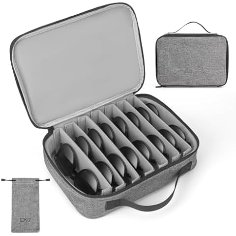 Sunglasses Travel Organizer Case for Multiple Pairs, 8 Adjustable Slots Eyeglasses Glasses Organizer Case with Soft Sunglasses Bag Pouch, Portable Sunglass Storage Box for Men and Women - Grey Cover