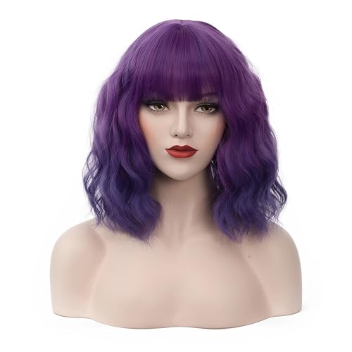 BUFASHION 14" Women Short Wavy Curly Wig Ombre Purple Bob Wig Cosplay Halloween Synthetic Wigs with Side Bang wig (Ombre Purple 1)