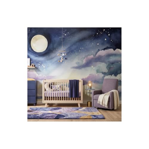 Purple Celestial Sky Wall Mural, Peel & Stick Girls Nursery Wallpaper | Full Moon with Lavender and Navy Clouds Decor, Removable or Traditional Paste, Baby Girl Room, Bedroom Accent Wall