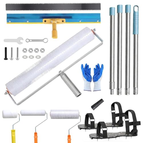Cioquli Bodenbeschichtung Set, Epoxidharz Bodenbeschichtung Tool -160cm Abnehmbarem Langem Teleskopstange, Stachelwalze Ausgleichsmasse, Nagelschuhe 30 mm, Edelstahl Stehrakel und Handschuhe