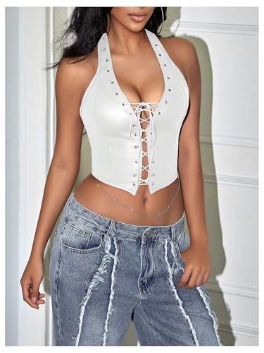 Image of WDIRARA Women's Punk PU Leather Halter Top Grommet Eyelet Tie Front Corset Crop Top
