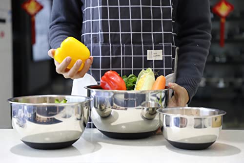 Jitsuryoku Set Of 3 Stainless Steel Mixing Bowls With Lid, Silicone Base And Measurement Marks, Salad Storage Bowls, Dishwasher Safe, Perfect For Cooking, Baking, And Prepping #TOP4