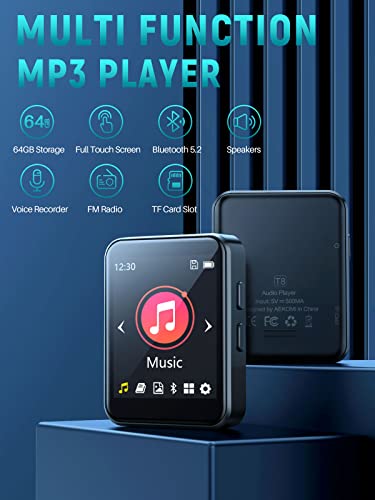 64Gb Mp3 Player Bluetooth 5.2 Touch Screen Music Player With Speakers Lossless Sound Quality Mp3 With Fm Radio Recording E-Book 1.8 Inch Screen Includes Back Clip/Player Case/Earphone/Tf Card #TOP1