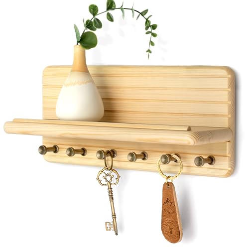 Rebee Vision Decorative Key Holder Wall Mount – Farmhouse 11-Inch Pine Wooden Key Holder for Wall with 6 Hooks & Floating Shelf - Chic and Functional Home Decor Solution (Natural Wood)