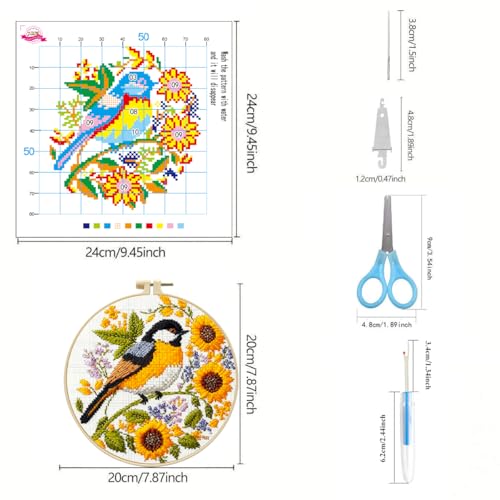 Image of Zhenqing 4 Pack Bird Cross Stitch Kit for Adults & Beginners, 11CT Stamped Cross Stitch Set with Hoop, Hummingbird, Penguin & Songbird Designs, DIY Embroidery Kit Home Decor Gift(70361)