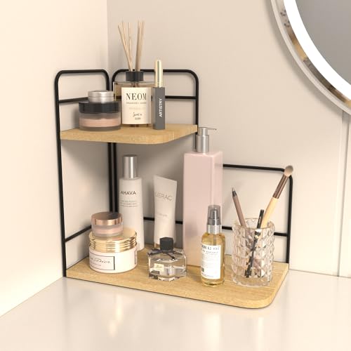 Vanfun VF0021 2-Tier Bathroom Counter Organizer, Wood Bathroom Organizer Countertop, Corner Bathroom Shelf, Corner Skincare Organizers, Makeup Organizer For Vanity Storage, Bathroom Counter Storage（Rectangle） thumb #1