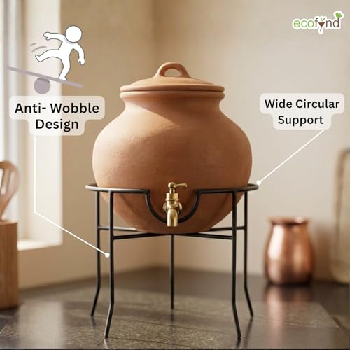 Image of ecofynd Round Heavy Duty Lyam Matka Stand for Kitchen, Water Pot Stand, Terracotta Stand for Kitchen Utensils, Multipurpose Dispenser Rack, Pot Stand, Jar Holder, (PS301-BLK)