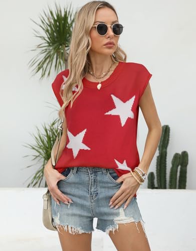Image of Alsol Lamesa Women's Stars Pattern Cap Sleeve Sweater Vest 2024 Pullover Sleeveless Knit Crew Neck Tops, Small, 911 Red