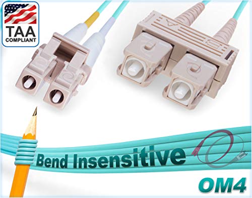 1M OM4 LC SC Fiber Patch Cable | Bend Insensitive Plenum 100G Duplex 50/125 LC to SC Multimode Jumper 1 Meter (3.28ft) | Length Options: 1M-300M | FiberCablesDirect - Made In USA | ofnp mmf lc/sc aqua