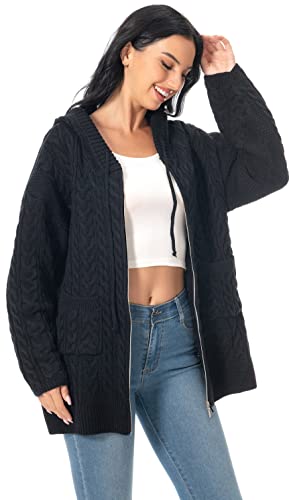 Image of Shineflow Women Hooded Cardigan Oversized Slouchy Zipper Cable Knit Cardigan Coat Solid Color Sweater Casual Knit Knitwear