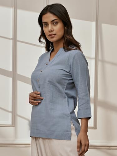 Image of VASTRAMAY Women's Cotton Linen Yoga Kurta with Band Collar & Three Quarter Sleeves
