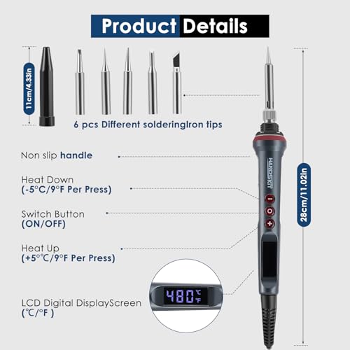 Lötkolben-Set mit LCD-Display 200 W 6-in-1-Löt-Set mit einstellbarer Temperatur von 180–480 °C und automatischem Schlafmodus, Lötpistole mit 6 Lötspitzen, Lötzinn, Ständer