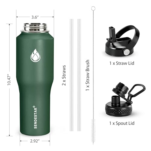 Image of SENDESTAR Water Bottle,Wide Mouth Stainless Steel Vacuum Insulated Double Wall Keep Liquids Cold or Hot All Day,Sweat Proof Sport Design,Fit Car Cup Holder,Dark Green,32 Ounces