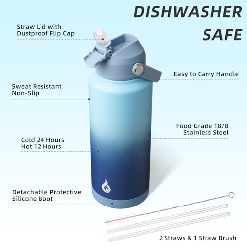 Image of BJPKPK Water Bottle with Straw Lid, 32oz Vacuum Insulated Water Bottles, Metal Stainless Steel Thermo for Sports, Travel, BPA Free Leak Proof Thermo, Cups, Flasks, Tumblers,Sky