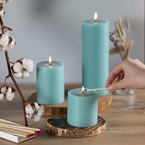 Candwax Assorted Candles Pillar - Set Of 3 Rustic Pillar Candles Includes 3", 4" And 8" Unscented Candles - Long Burning Candles Ideal As Wedding Candles And Candles For Home - Turquoise Candles #TOP3