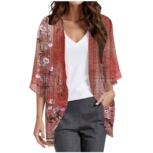 Generisch 2025 Cardigan kimono da donna con stampa floreale, maniche a sbuffo, copertina larga, camicette casual, cardigan con pizzo da donna, Colore: rosso, XXL