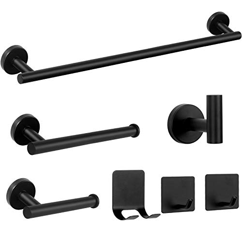 NearMoon 7 Pieces Bathroom Hardware Set SUS304 Thicken Stainless Steel-Towel Rack Set Include 24  Towel Rod+ 9  Hand Towel Bar+ Toilet Paper Holder+4Robe Towel Hooks Bathroom Accessories (Matte Black)