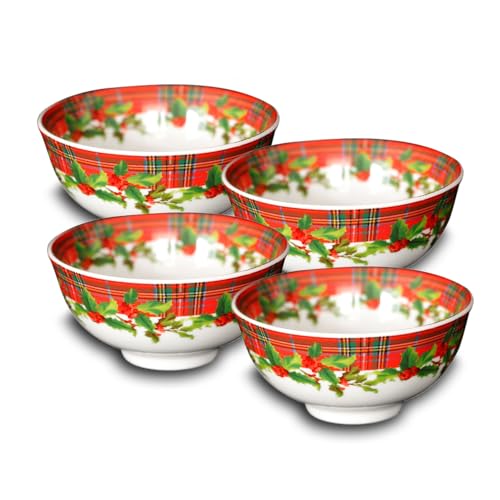 ARCA, Set di 4 Ciotole in Porcellana, per 4 Persone, con Decorazione Natalizia Scozzese, Resistenti e Durature, Ideali per la Tavola, Idea Regalo di Natale, 12x6 cm
