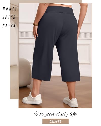 Neer 3 Pack Women's Capris Plus Size Yoga Lounge Pants Wide Leg High Waist Drawstring Cropped Cotton Sweatpants with Pockets2