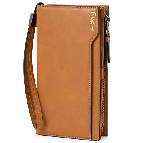 Alldialy RFID 24 Credit Card Holder Wallet, Large Capacity Wristlet Wallet for Women with Zipper (Brown)
