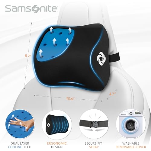 Image of SAMSONITE, Infused-Gel Car Neck Pillow with Airflow Memory Foam, Headrest Support Cushion for Driving, Universal - Fits Any Vehicle, Including SUVs and Trucks, Washable Cover, Large Size, Black