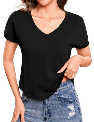 Totatuit Women Casual Cropped T-Shirts Short Cap Sleeve Boxy V Neck Summer Tee Shirts Basic Solid Loose Fit Tops Black X-Large