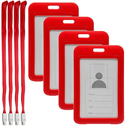 Yoohey 4Pack Red Hard Plastic Name Badge Holder with Neck Lanyard Strap, 2 Sided Id Card Holder for Offices ID, School ID, Driver Licence (Red) Cover