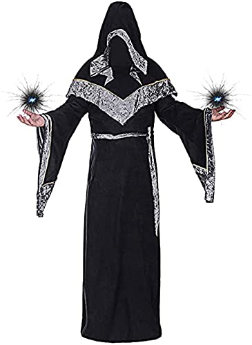 Disfraz de mago para adultos medieval, traje de monje oscuro místico padrino hechicero con capucha capa de Halloween Cosplay fiesta capa (negro, S) Cover
