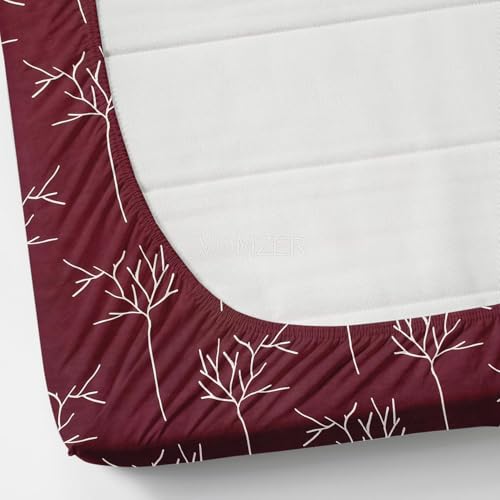 Image of 300 TC Cotton Feel Glace Cotton Elastic Fitted Bedsheet for King Size Double Bed | Fits up to 8 Inch Mattress | Printed Bedsheet with 2 Pillow Covers (Maroon Tree, Queen Size - 60 inchx78 inch)