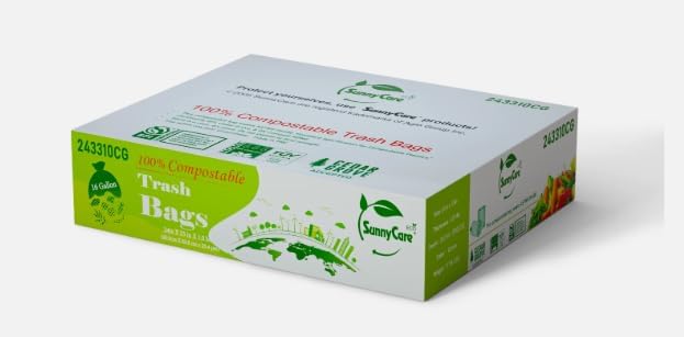SunnyCare 100% Compostable Trash Bags, 1.0 mil, 24 x 33 Inches, Green, 250 Count