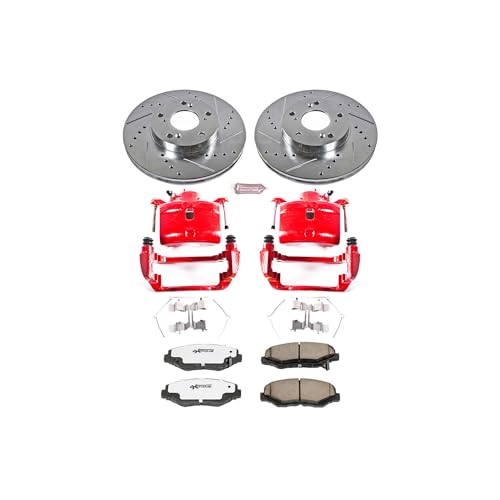 Image of PowerStop Front Brake & Caliper Kit for Honda CR-V 2002-04 | Honda Element 2003-11 - Drilled & Slotted Disc Rotors + Carbon-Fiber Ceramic Brake Pads + Red-Powder Coated Calipers, KC1043-26