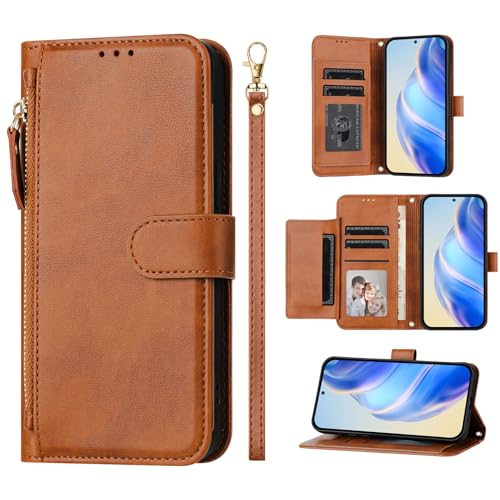 Étui portefeuille iPhone 14 Pro marron en cuir avec clapet magnétique protection 6,1 pouces