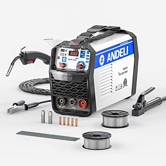 ANDELI MIG Welder 120Apm, MIG Welder Flux MIG/Lift Tig/Stick 3-in-1 Multiprocess Welder MIG Welding Without Gas Flux Welding MIG-250ME (Iron Shell Suit)