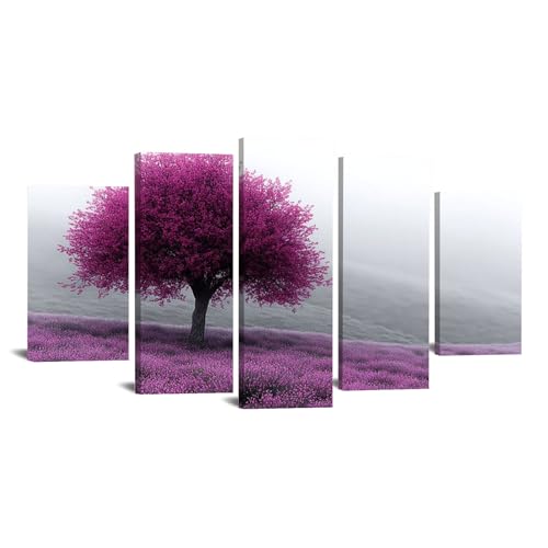 Image of TODOAA Set of 5 Forest Landscape Abstract Canvas Wall Art Natural Tree Plant Painting Modern for Living Room Colorful of Oil Paintings Landscape Canvas Prints Tree Artwork(purple)-50x100cm Framed