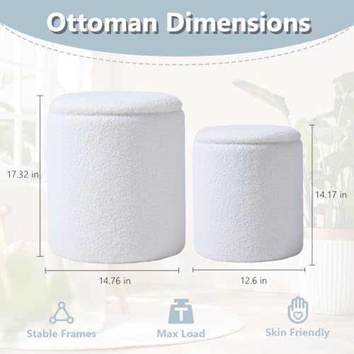 Royal Windsor Boucle Round Ottoman with Storage Set of 2,Small Foot Stool Ottoman for Living Room, Ottoman Coffee Table,Vanity Stool with Storage for Bedroom, White - Thumbnail 3