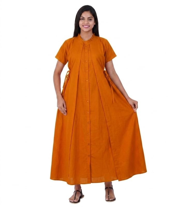 Women’s Cotton Front Open Maxi Nighty | Ankle Length Kali/Gore Dress | Pleated V-Neckline with Designer Placket | Maternity, Feeding & Patient Care Wear | Sizes L–3XL-image-14
